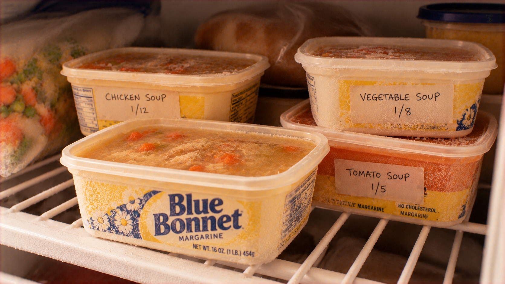 Plastic containers of frozen soup labeled “Chicken Soup,” “Vegetable Soup,” and “Tomato Soup” stacked on a freezer shelf.