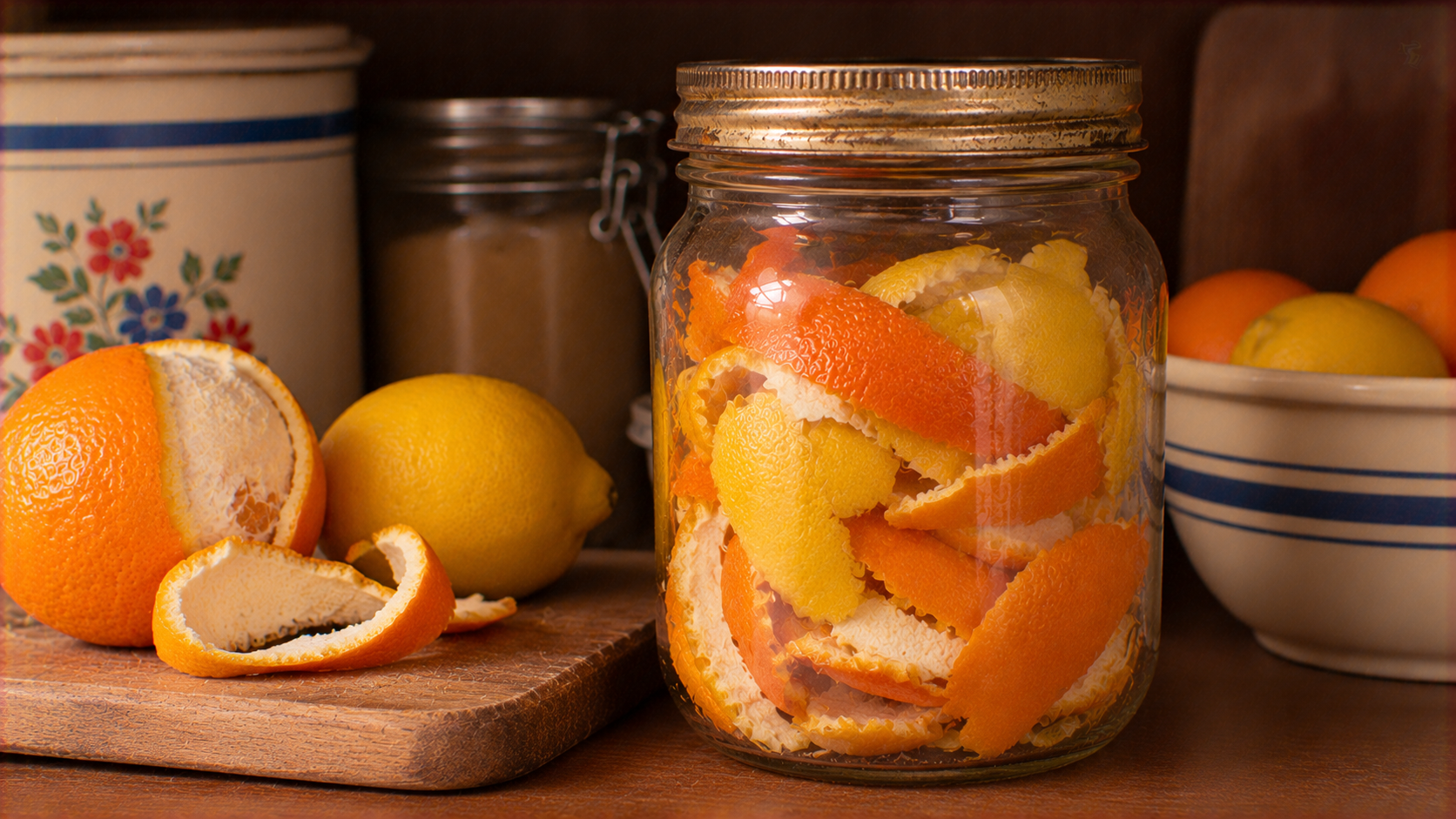 A glass jar filled with orange and lemon peels sits on a wooden counter next to a partial orange, a whole lemon, and a bowl of citrus.