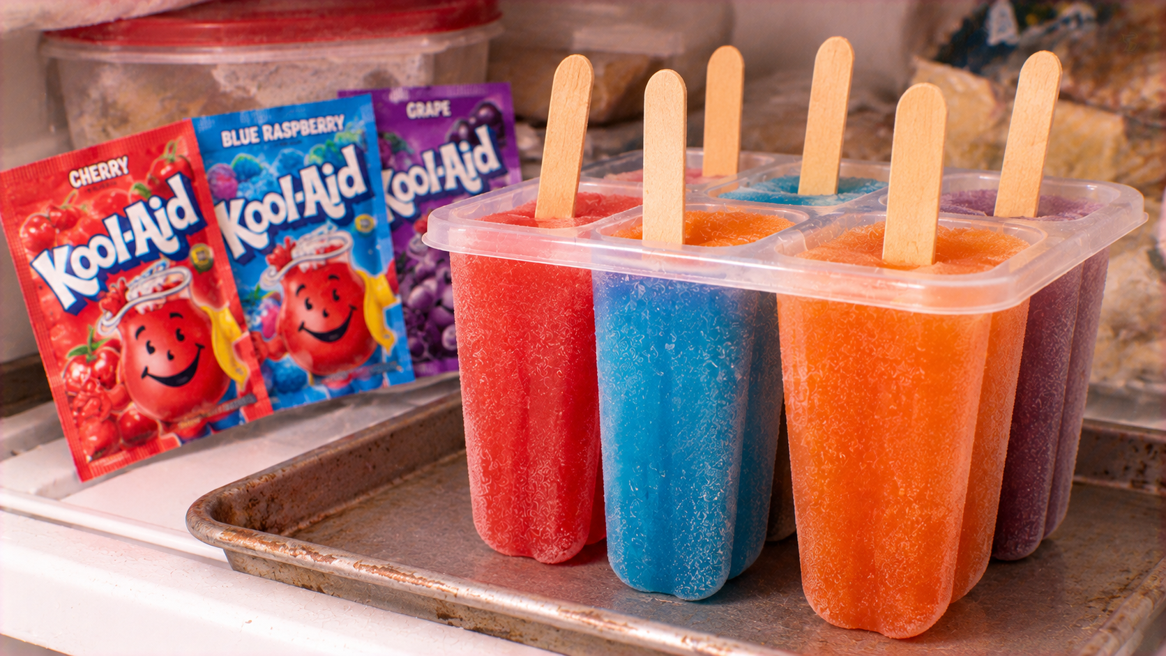 Frozen Kool-Aid popsicles in a plastic mold on a metal tray, next to packets of cherry, blue raspberry, and grape Kool-Aid mix.
