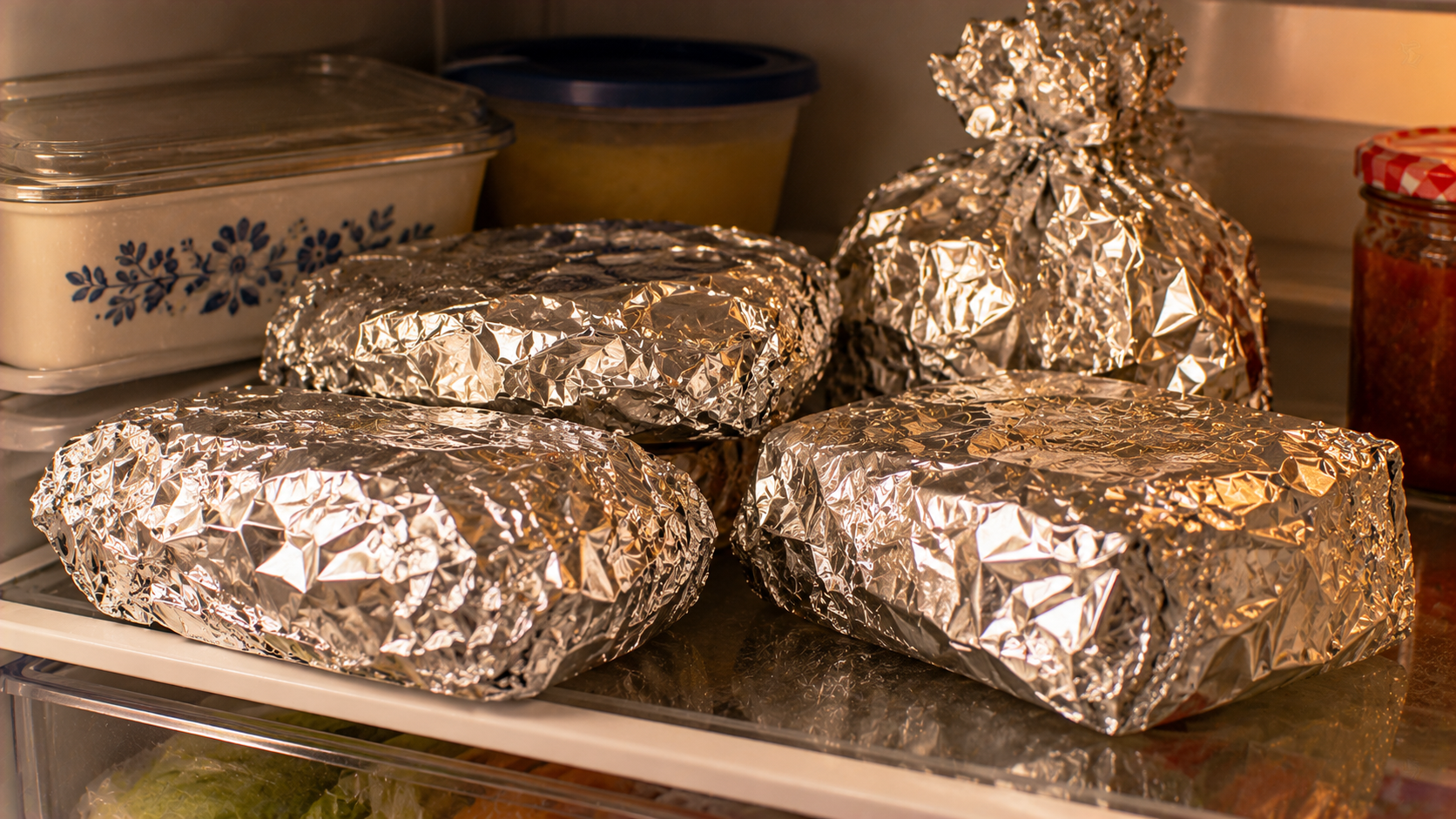 Several food items wrapped in aluminum foil on a refrigerator shelf.