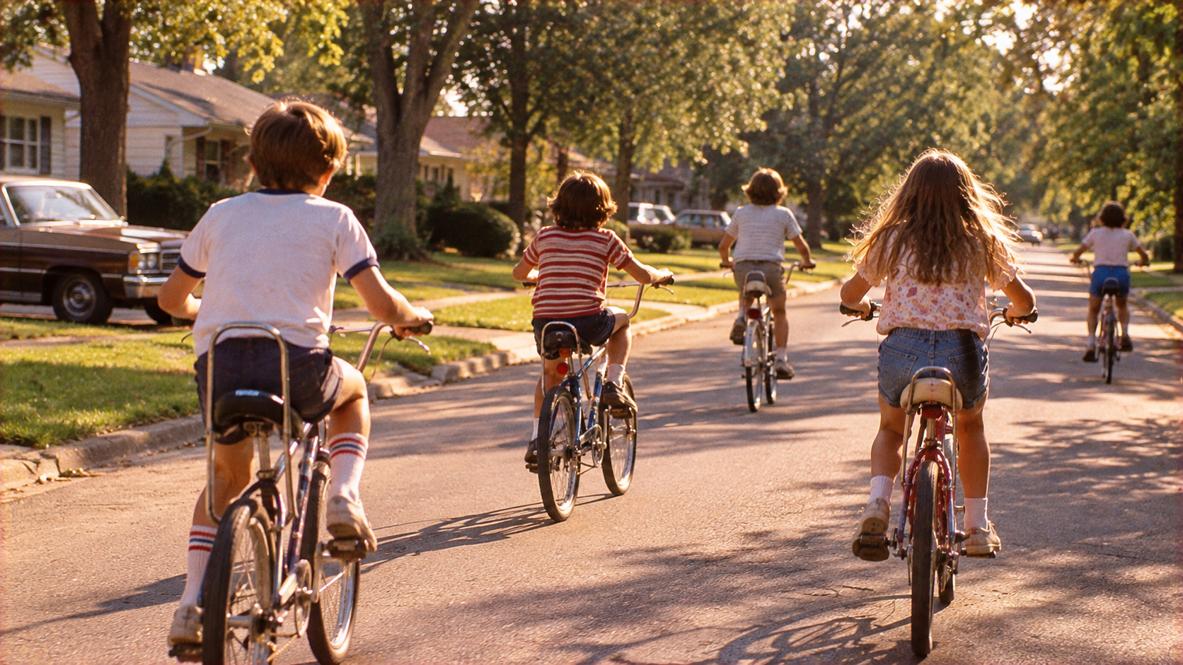 Five children ride bicycles away from the camera down a sunny, tree-lined residential street.