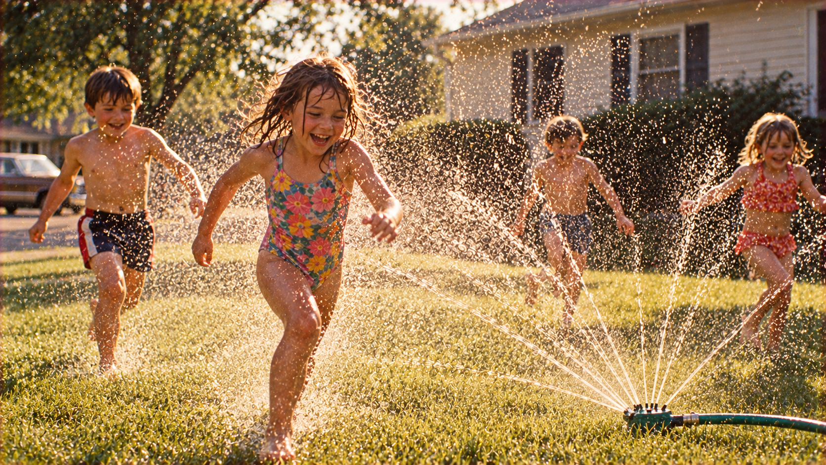 Four children running through a lawn sprinkler on a sunny day.