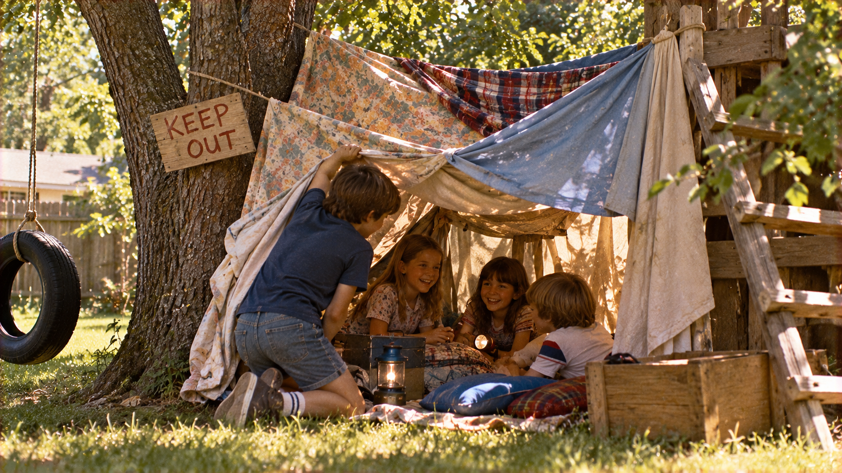 Four children play in a makeshift fort built from blankets and wood beneath a tree with a “KEEP OUT” sign attached.
