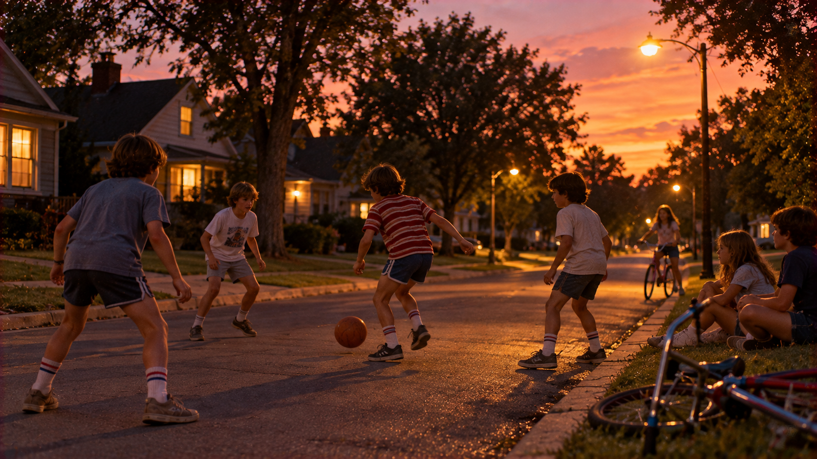 Four children play soccer in a quiet suburban street at sunset, while two others watch from the sidewalk.