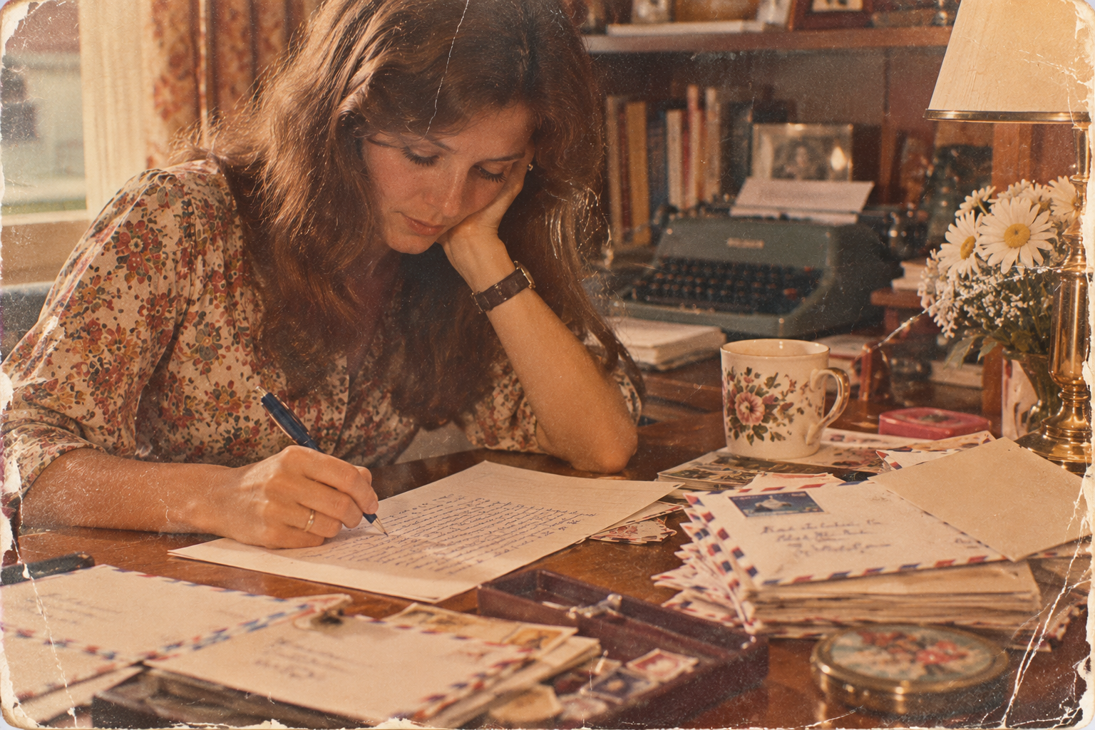 A woman with long brown hair writes a letter at a cluttered desk with envelopes, a floral mug, daisies in a vase, and a typewriter, in a warmly lit, vintage-style room.