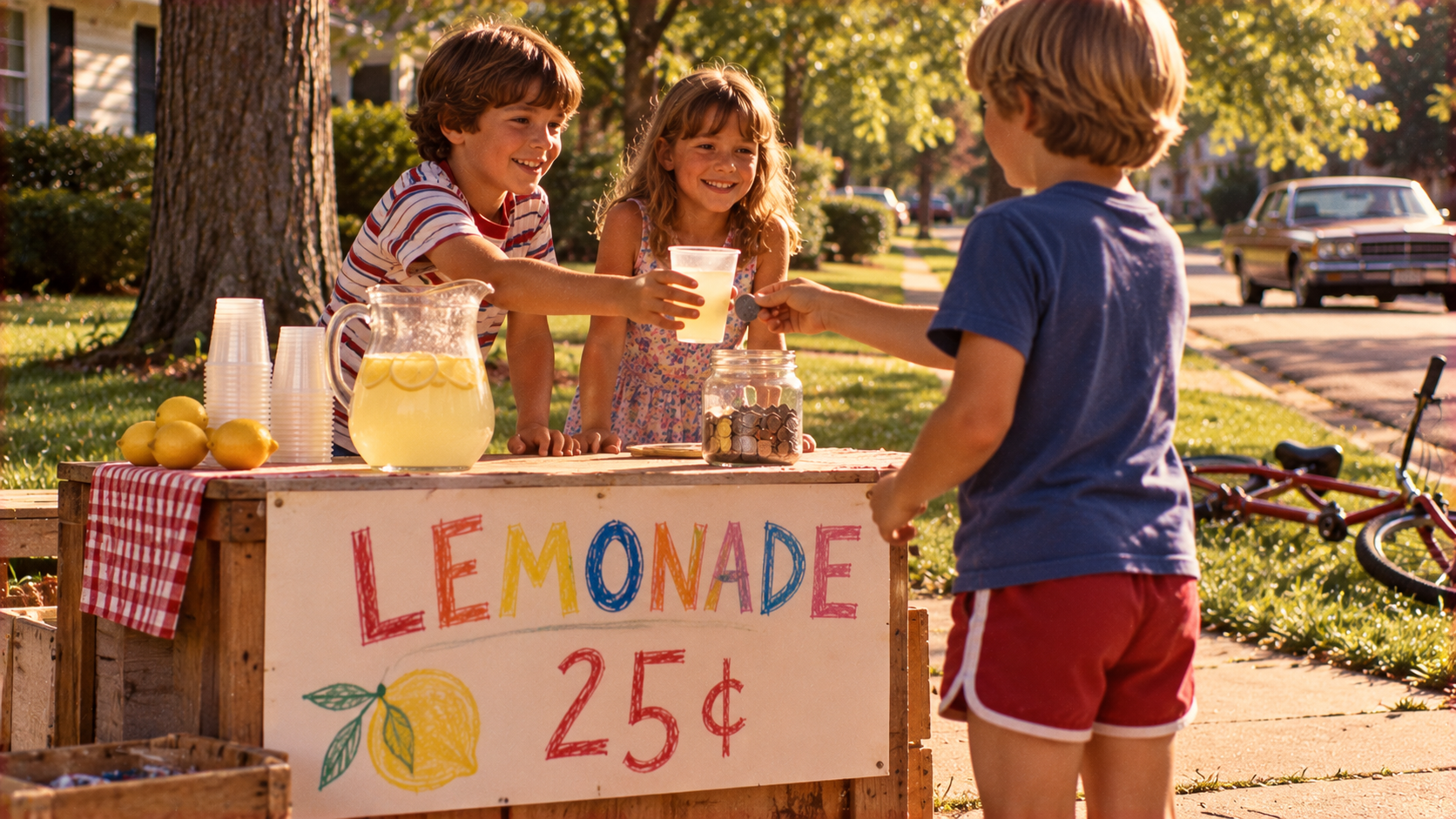 Two children behind a lemonade stand hand a cup of lemonade to a customer while a boy pays with a coin.