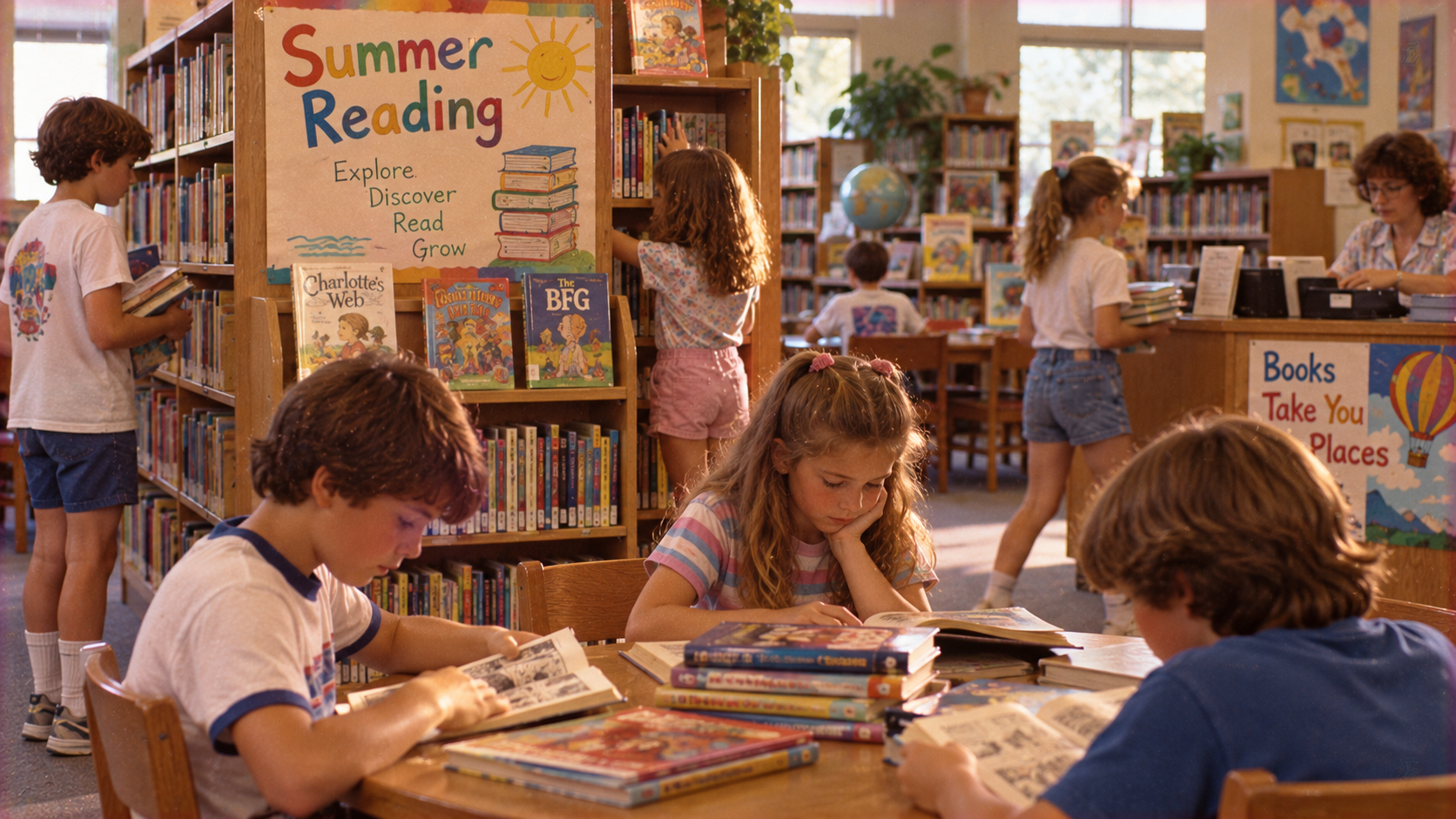 Children reading books at tables and shelves in a library with a sign that says “Summer Reading.”