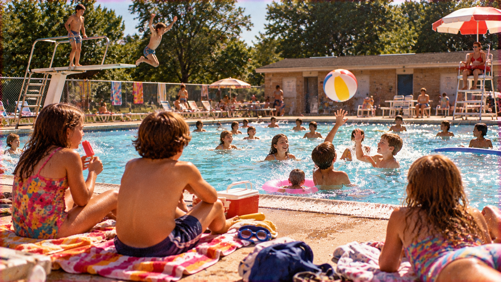 Children play and swim in a crowded outdoor pool on a sunny day while others relax on towels by the edge.