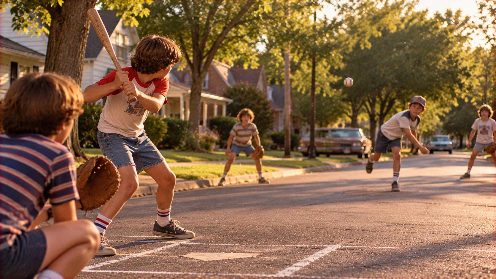 A group of children plays baseball on a quiet residential street at sunset.