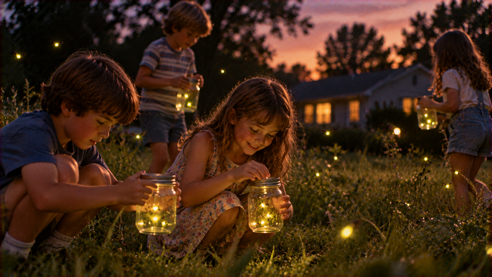 Three children in a grassy field at dusk catching fireflies in glass jars.