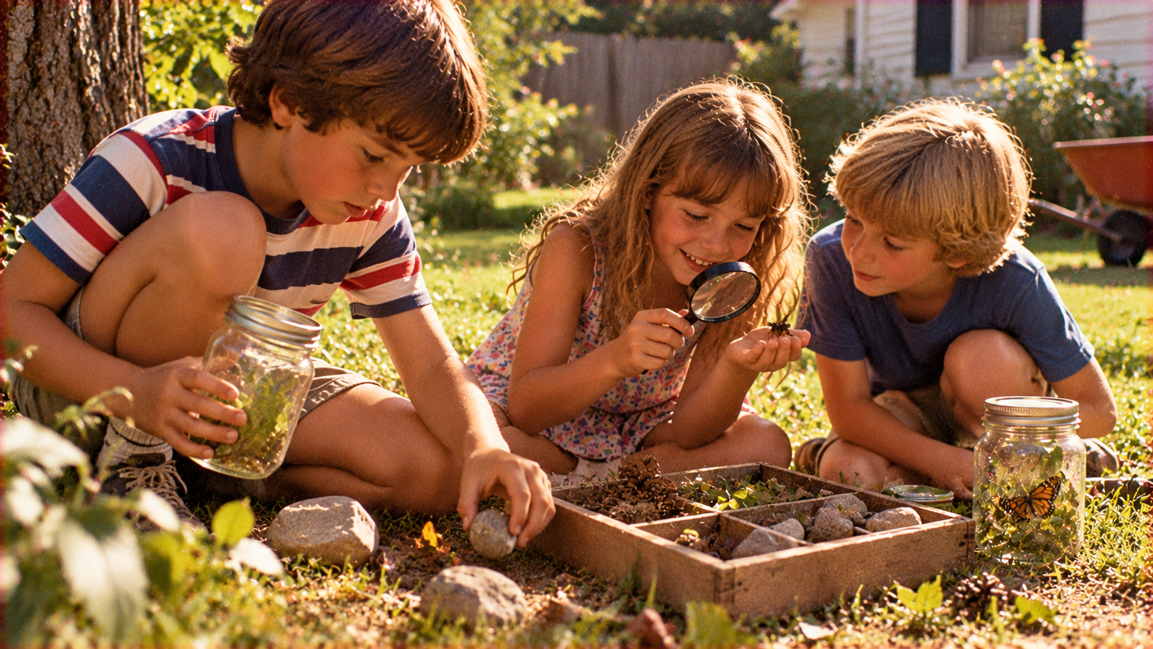 Three children sit on the grass examining insects and nature specimens in jars and a wooden tray.
