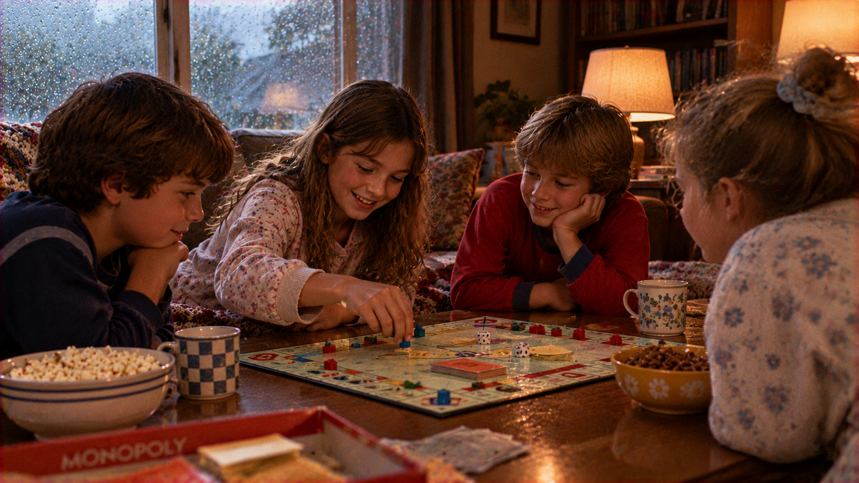 Four children sit around a wooden table playing a Monopoly board game in a cozy living room during a rainstorm.