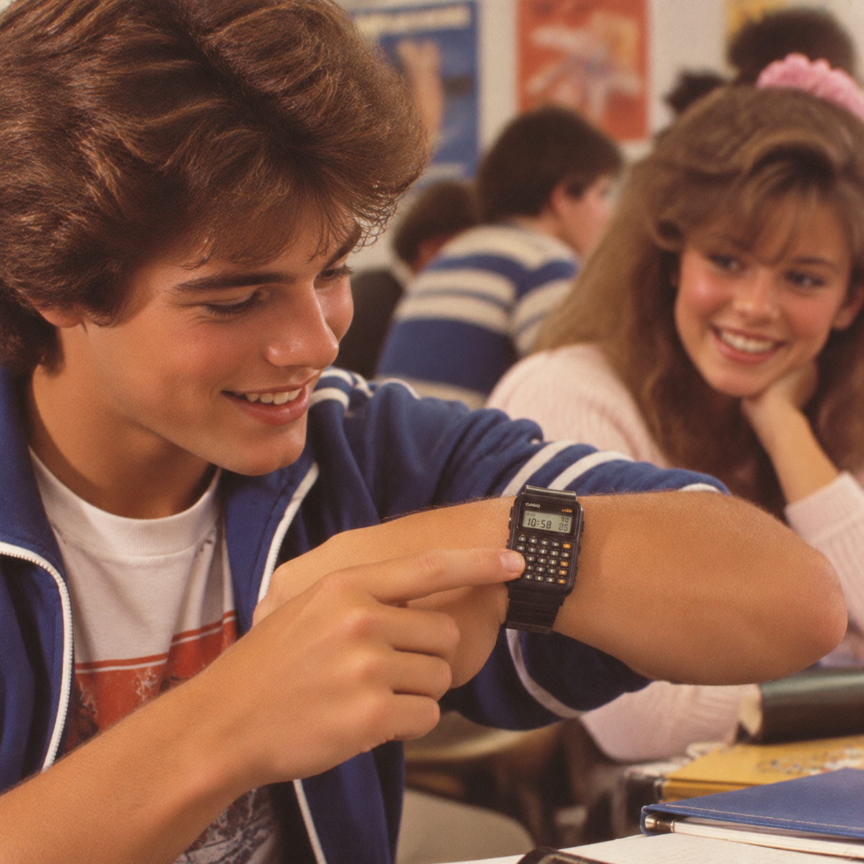 A teenage boy in a classroom smiles while showing off a black digital calculator watch on his wrist. A teenage girl next to him looks on and smiles. School supplies and books are visible on the desk.