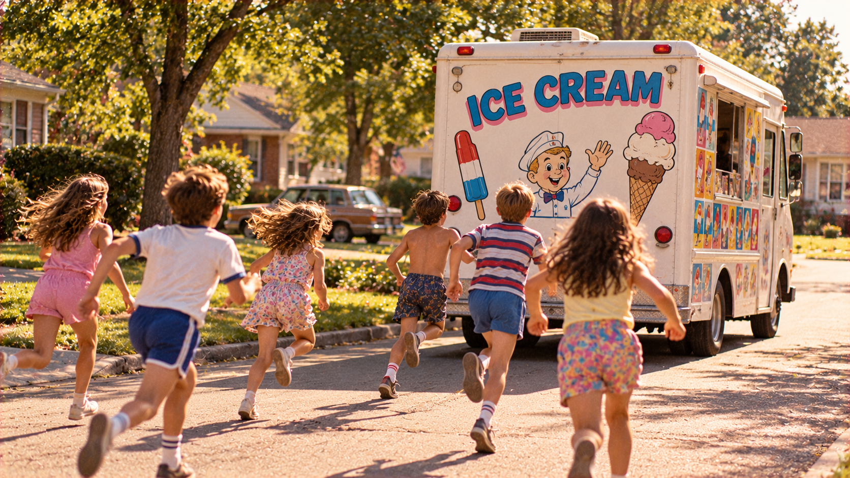 Six children run down a sunny suburban street toward an ice cream truck.