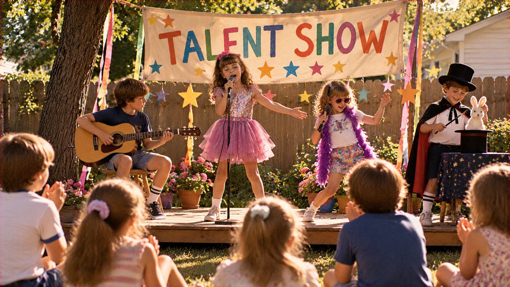Children perform a talent show on a backyard stage, featuring a girl singing, a boy playing guitar, a girl dancing with a microphone, and a boy performing a magic trick with a rabbit.