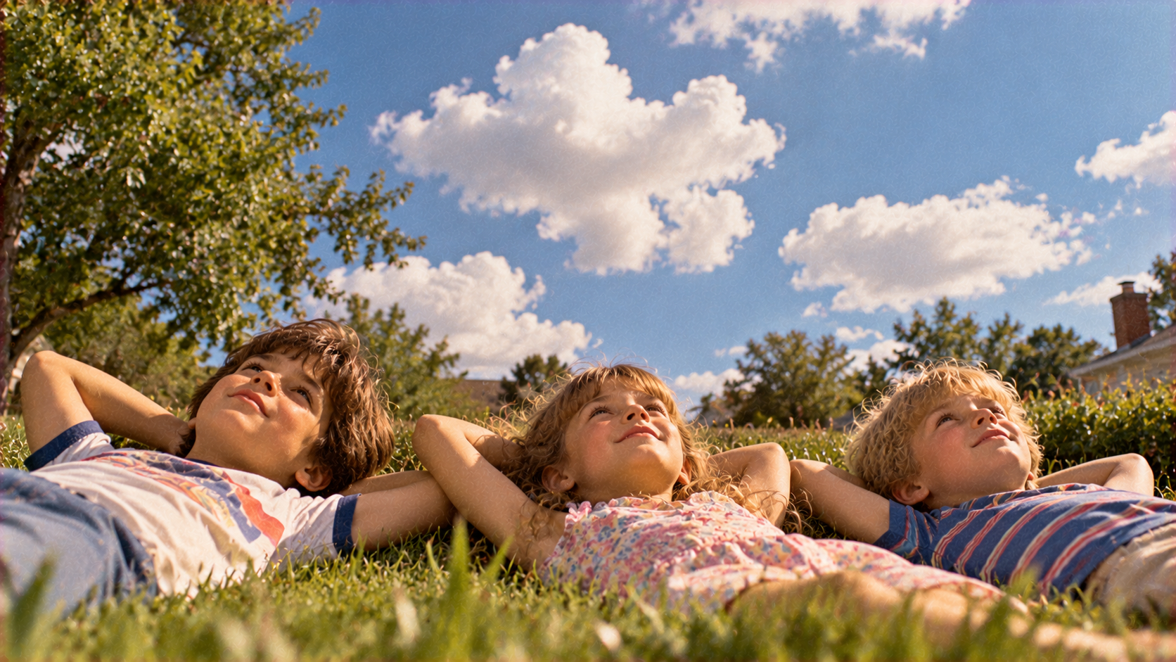 Three children lie on their backs in the grass, looking up at the sky.