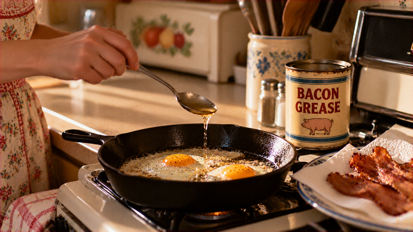 A person uses a spoon to drizzle liquid over two eggs frying in a cast-iron skillet next to a container labeled “Bacon Grease” and a plate of cooked bacon.