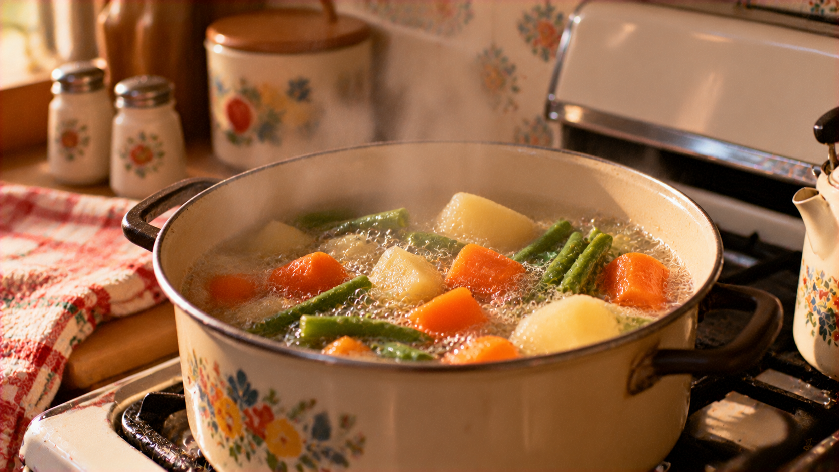 A steaming pot of vegetables, including carrots, potatoes, and green beans, boiling on a stovetop.