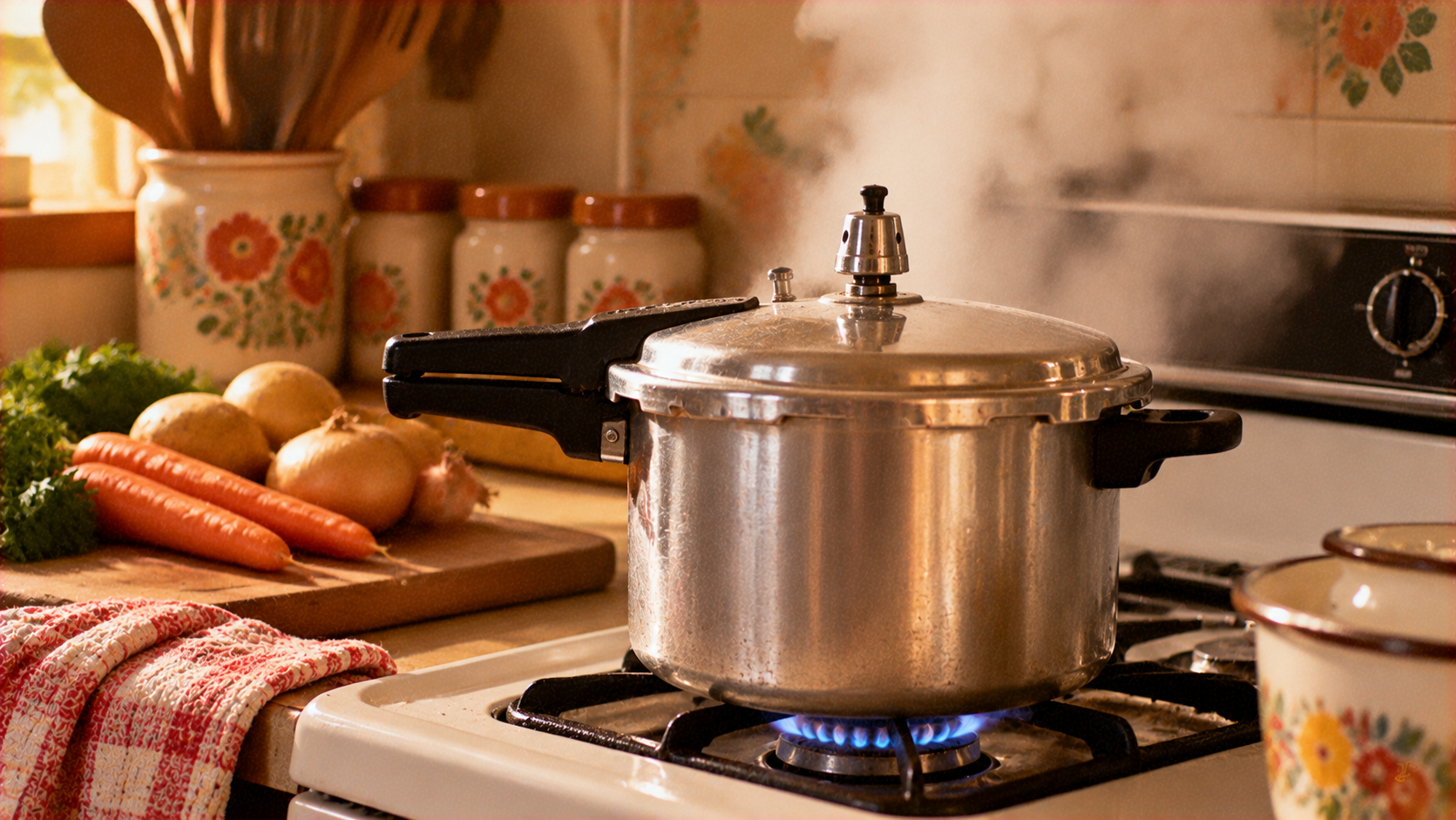 A metal pressure cooker steams on a lit gas stovetop next to a wooden cutting board with carrots, potatoes, and onions.