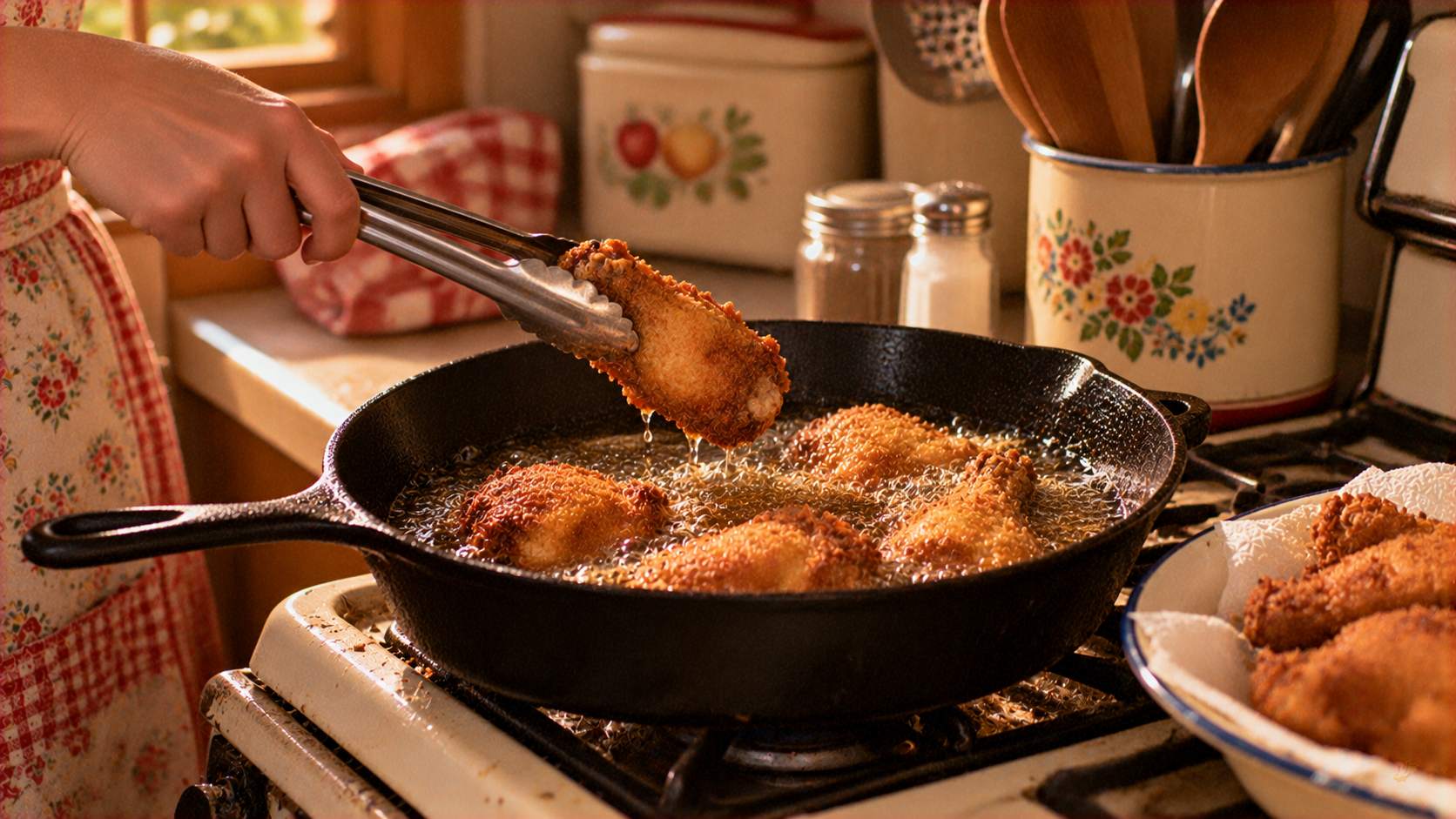 A person uses metal tongs to lift a piece of breaded fried chicken from a cast-iron skillet filled with hot oil.
