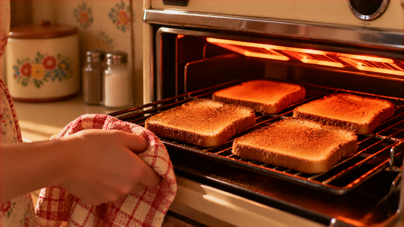 A person using a red and white checkered kitchen towel to pull a rack of toasted bread slices out of an oven.