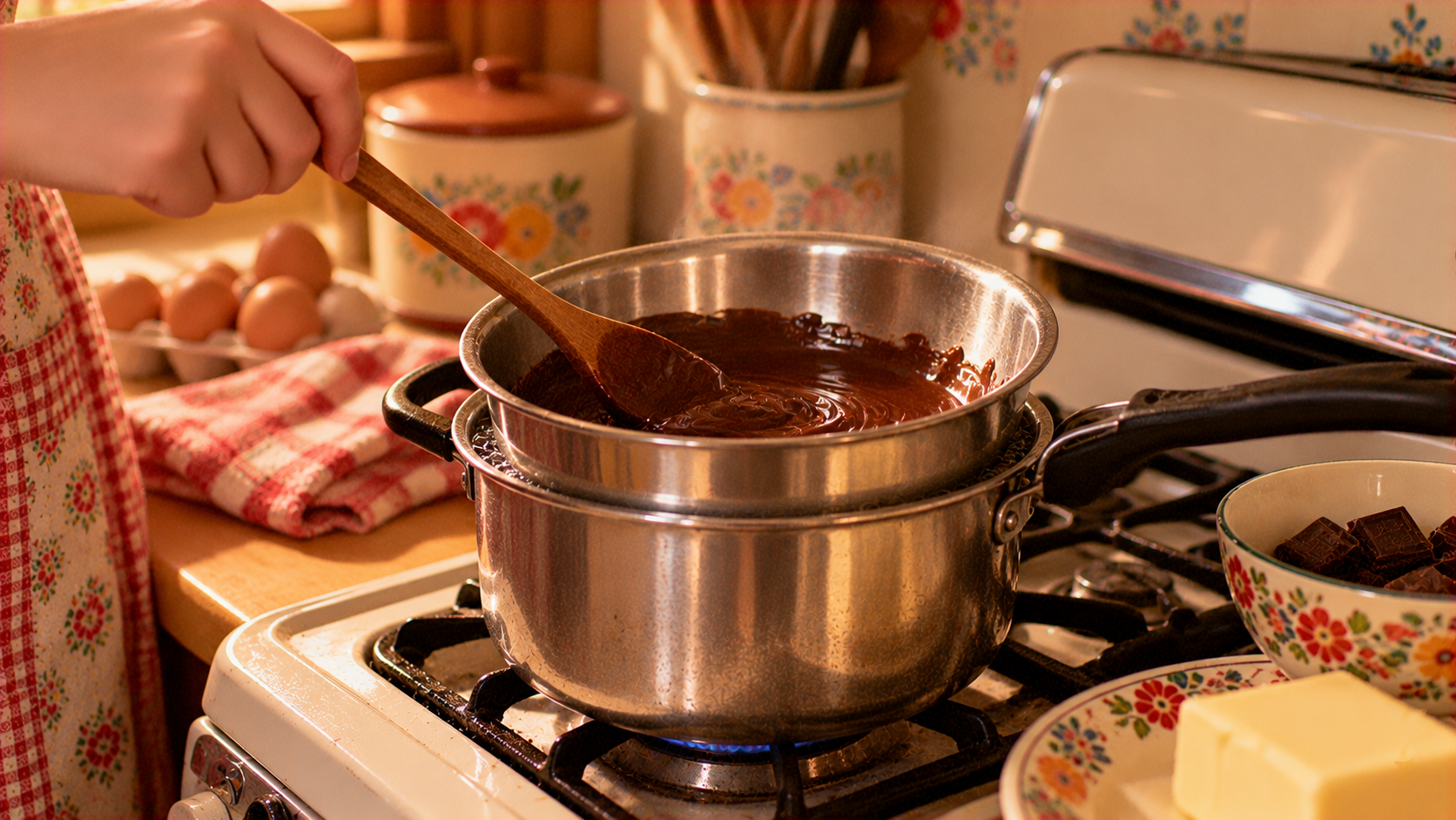 A hand uses a wooden spoon to stir melted chocolate in a metal bowl set over a saucepan on a stovetop.