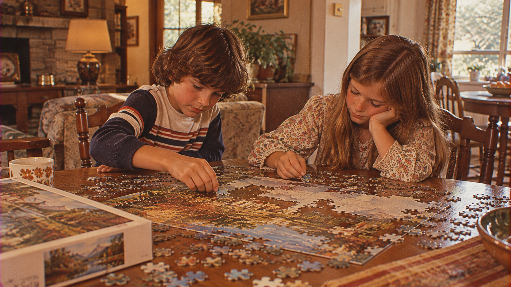 Two children sit at a wooden table assembling a large jigsaw puzzle together in a cozy, sunlit living room. Puzzle pieces and the puzzle box are scattered on the table.