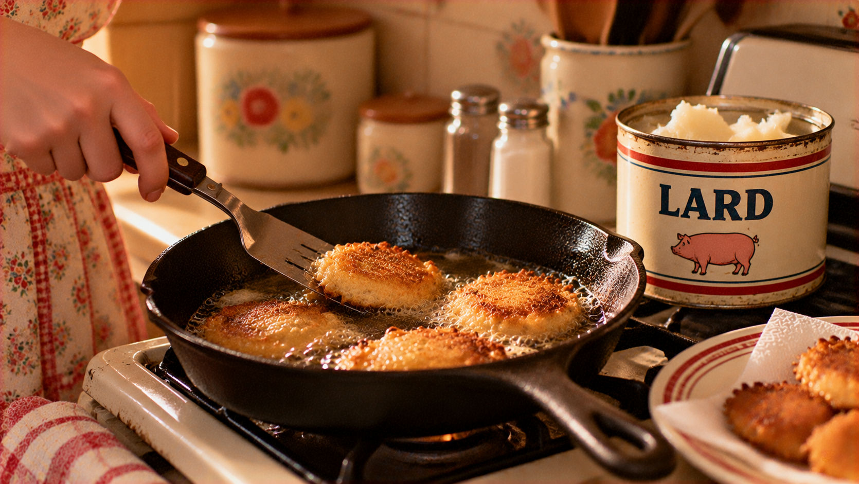 A hand uses a metal spatula to flip golden-brown patties frying in a cast-iron skillet next to a can of lard.