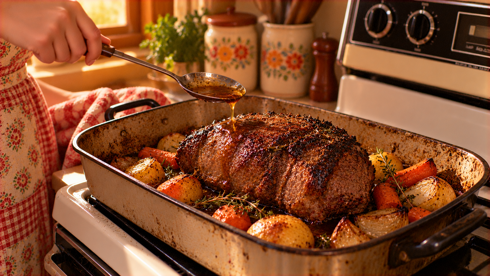 A person drizzles pan juices over a roasted beef dinner with carrots and onions in a baking pan on a stovetop.
