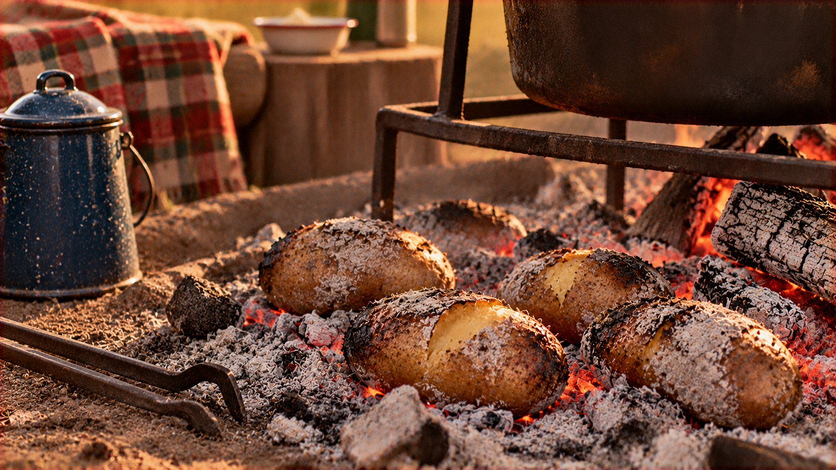 Three whole potatoes baking in the hot coals of an outdoor campfire, with a blue speckled enamel coffee pot and a metal cooking stand nearby.