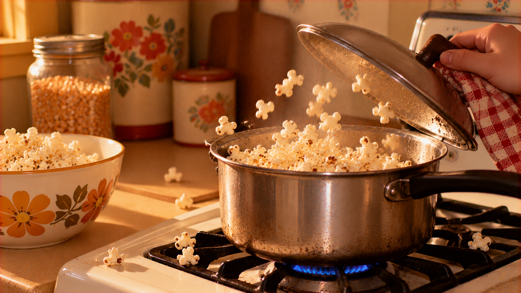 A hand lifts the lid off a stovetop pot as popcorn pops inside, with a bowl of popcorn on the counter nearby.