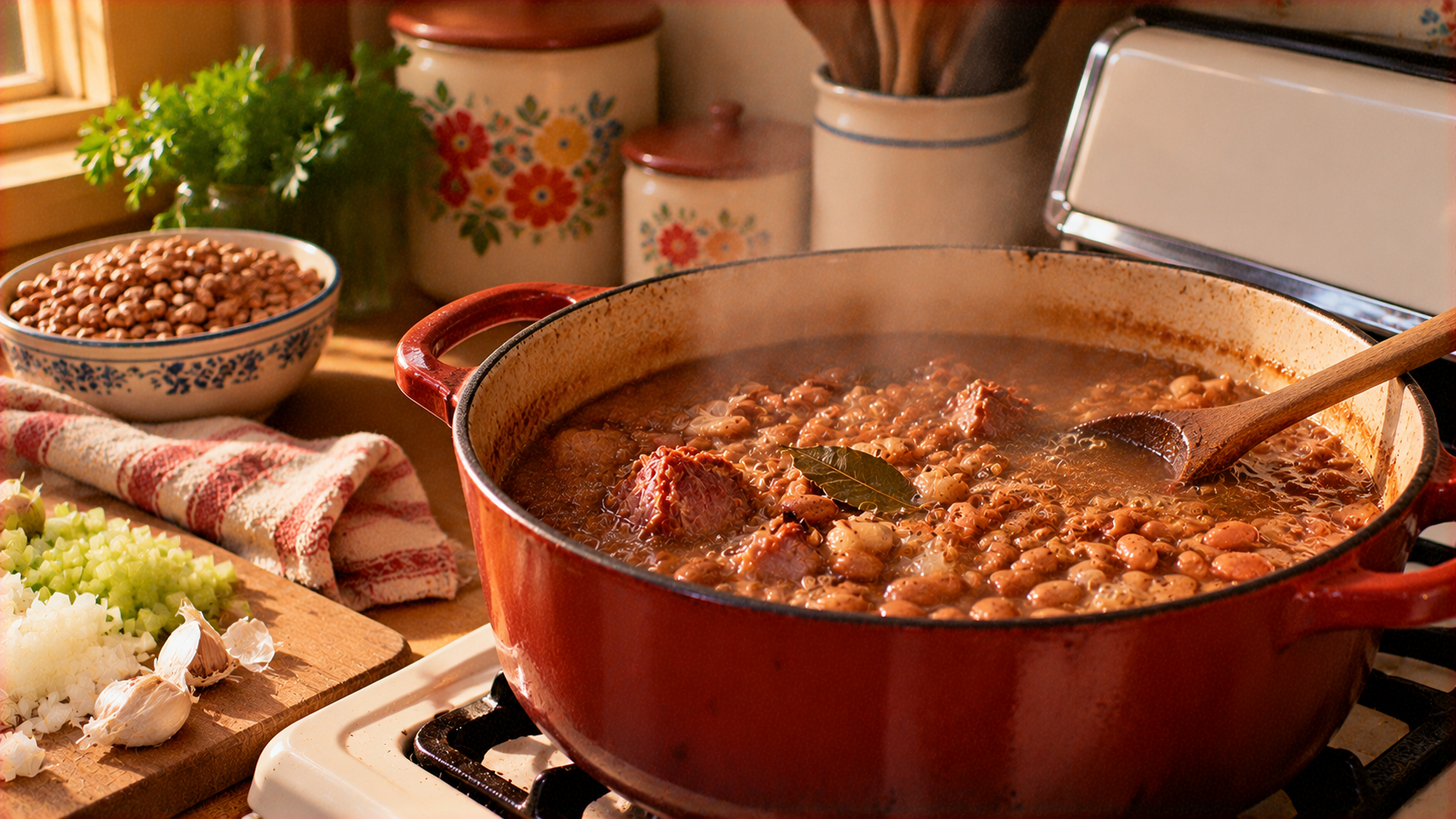 A red dutch oven filled with simmering beans and sausage on a stovetop, with a bowl of dry beans and chopped vegetables nearby.