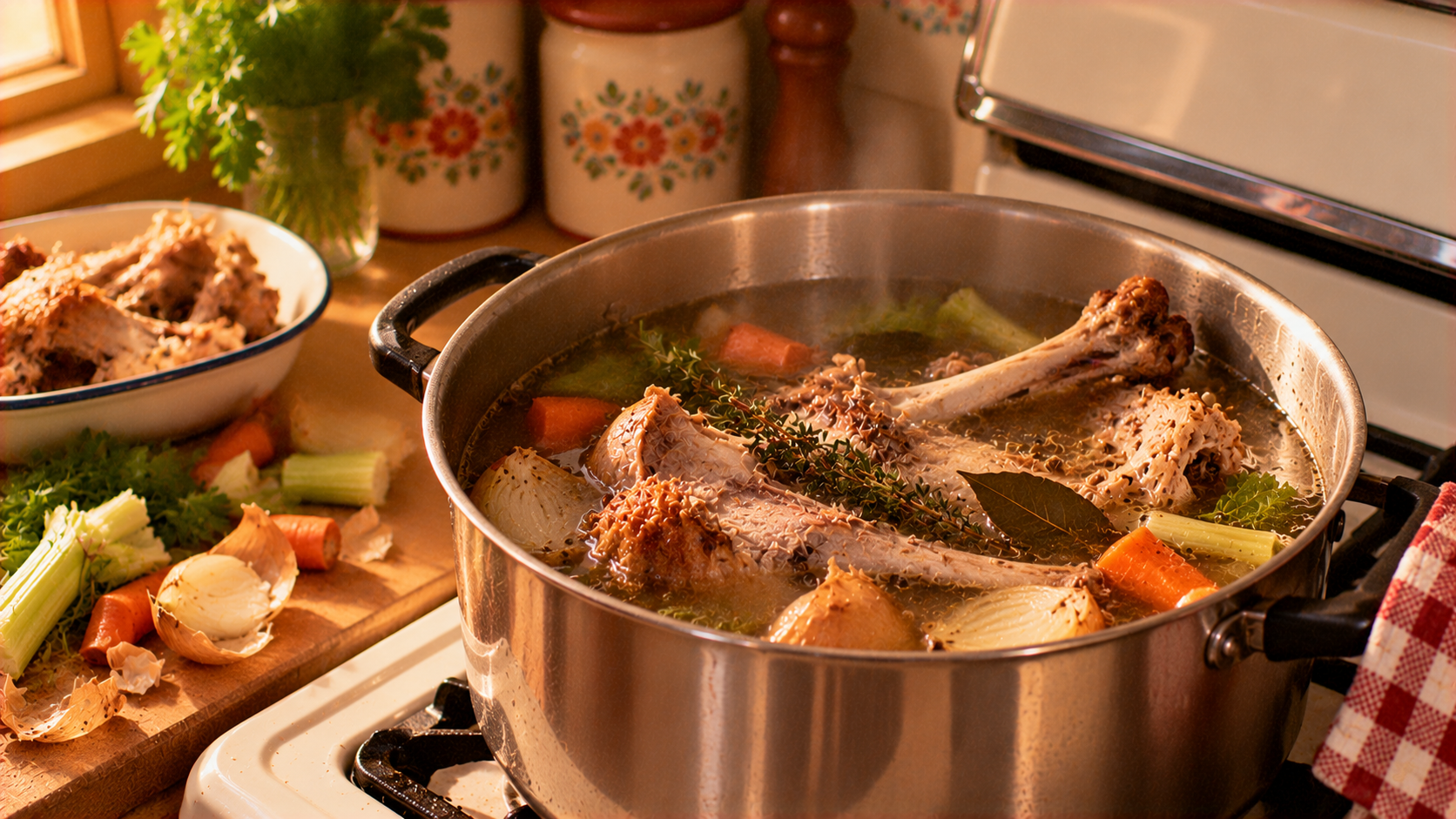 A large metal pot of simmering chicken stock on a stovetop, containing chicken bones, carrots, onions, and herbs.