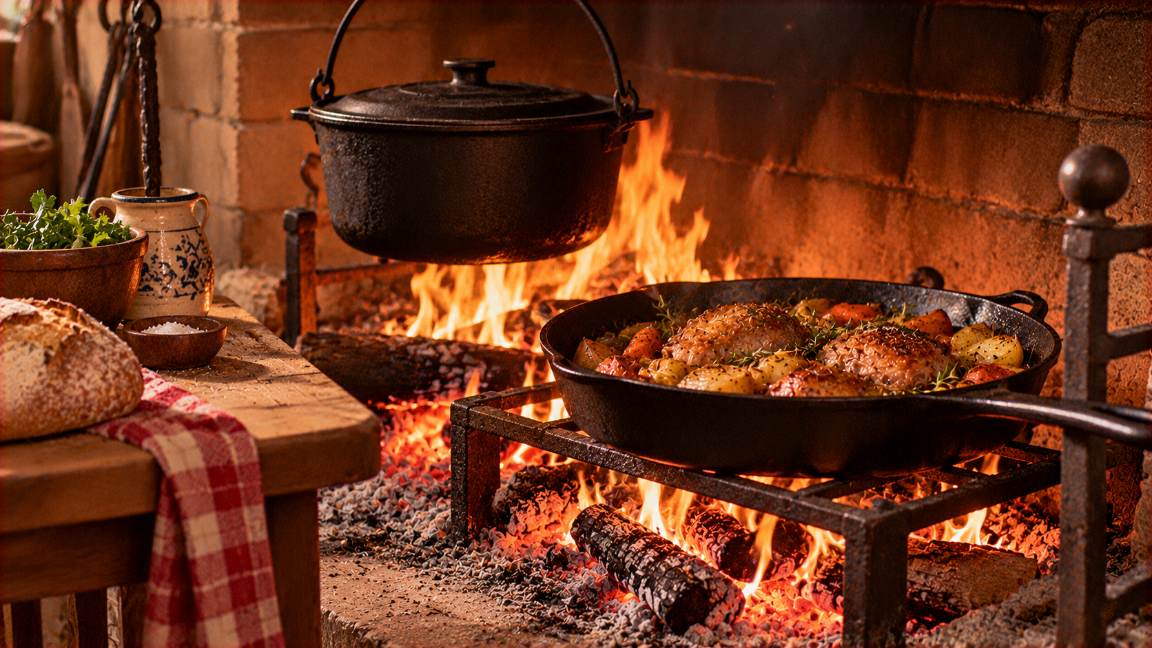 A cast iron skillet of chicken and potatoes cooks over an open fire next to a hanging Dutch oven, with a loaf of bread and a bowl of greens on a wooden table nearby.