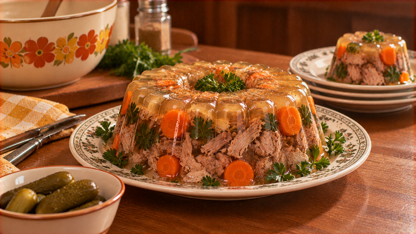 A ring-shaped meat and vegetable aspic garnished with parsley on a patterned plate, with a side bowl of pickles.