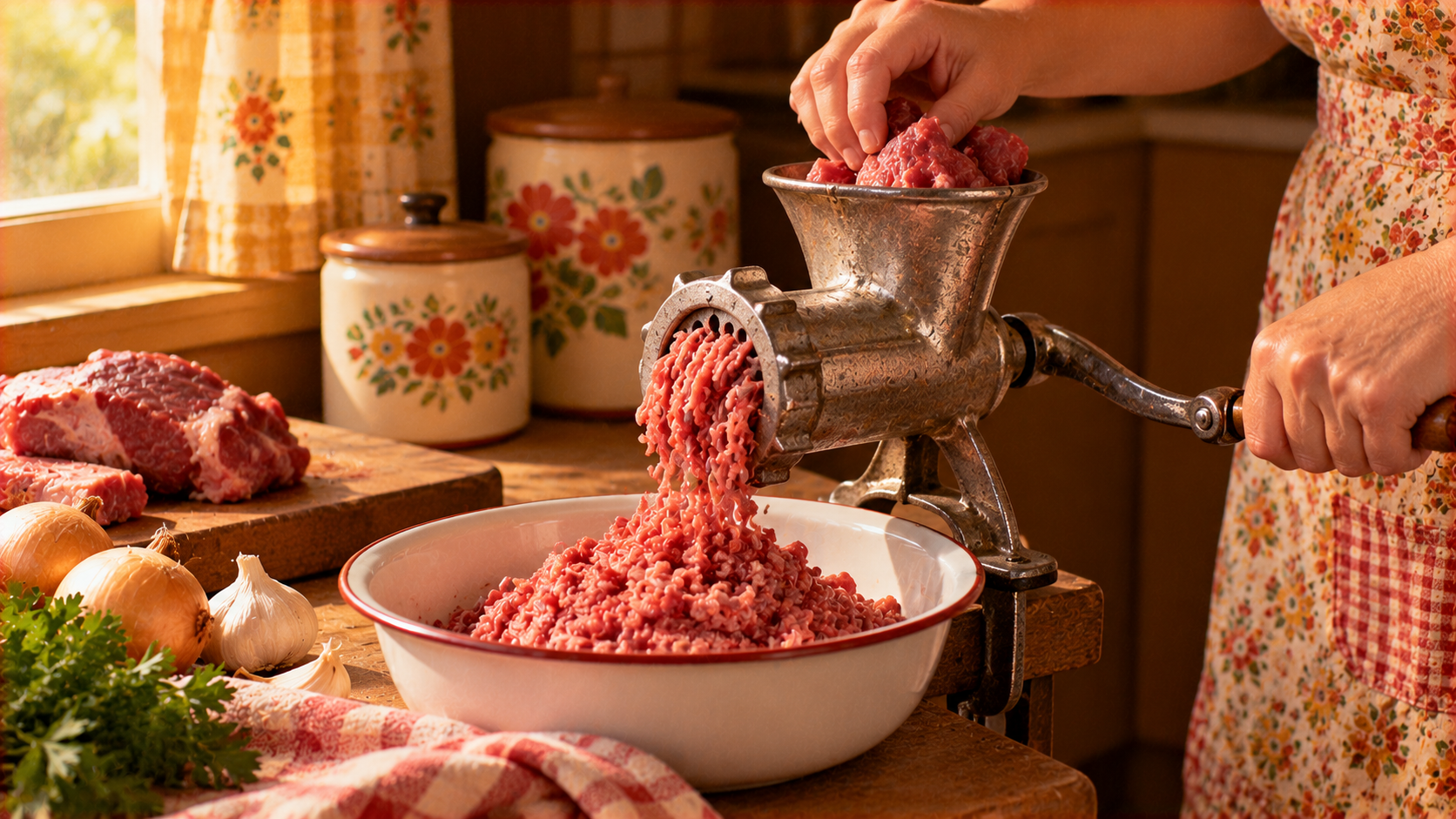 A person uses a hand-cranked meat grinder to process ground meat into a white bowl.