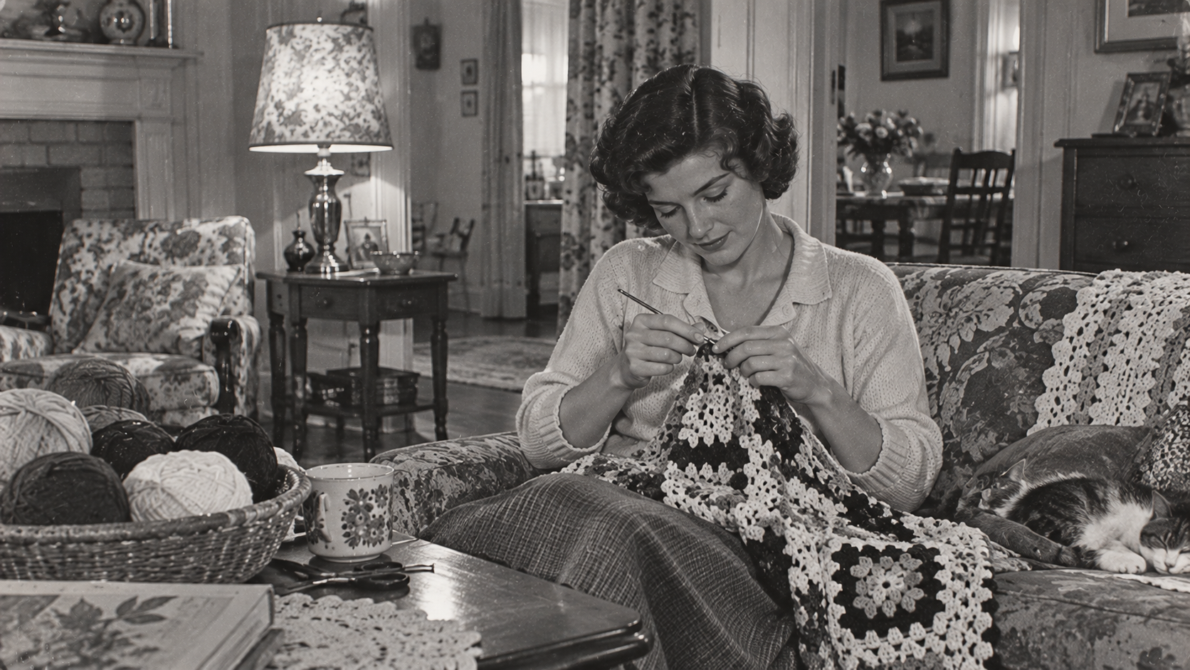 A woman sits on a patterned sofa crocheting a blanket. A basket of yarn, a mug, and a sleeping cat are nearby. The room appears cozy and vintage, decorated with doilies and a table lamp.