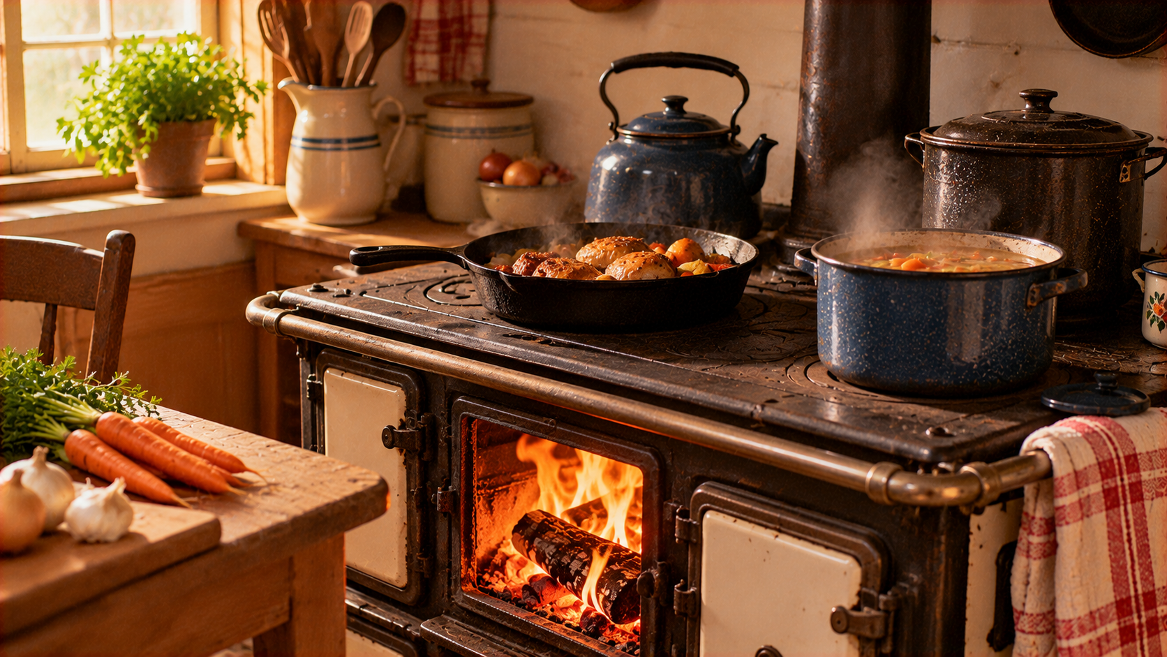 A cast iron wood-burning stove with a fire burning inside, topped with a skillet of roasted chicken and a pot of steaming stew.