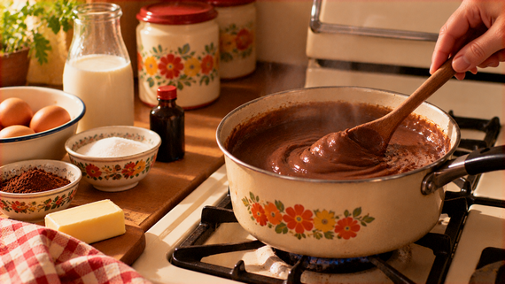 A hand uses a wooden spoon to stir chocolate pudding in a floral-patterned saucepan on a gas stovetop, surrounded by bowls of ingredients including eggs, sugar, cocoa, and butter.
