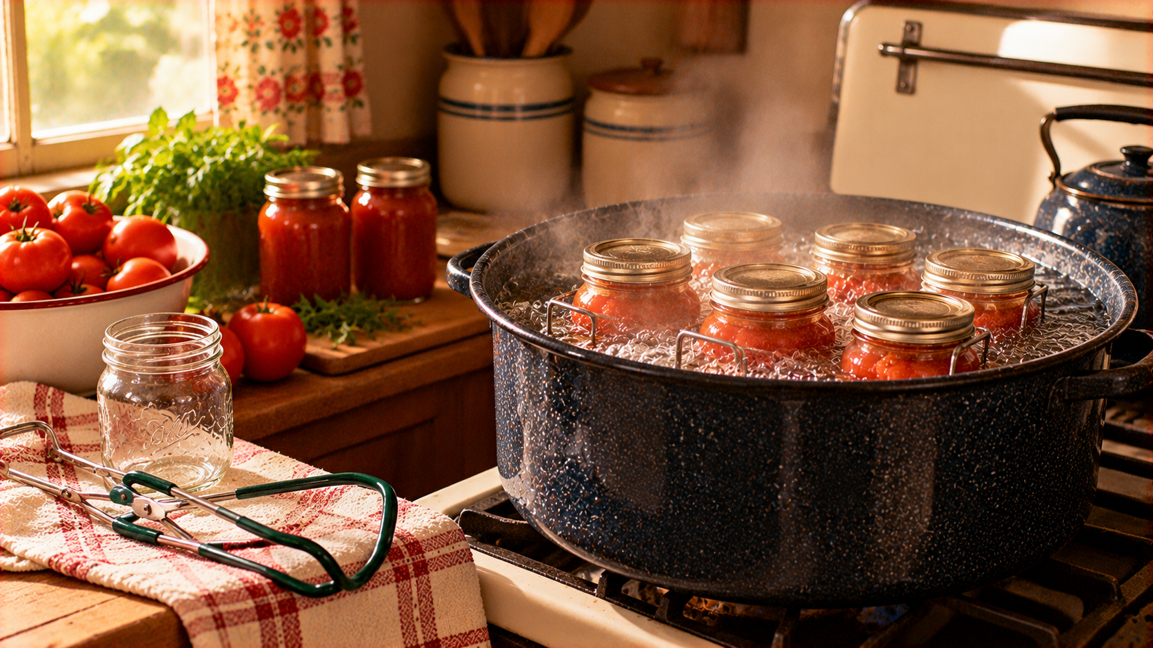 A large speckled pot of boiling water on a stovetop, processing glass jars filled with tomato sauce.