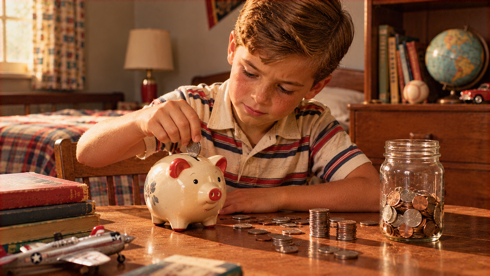 A young boy putting a coin into a ceramic piggy bank on a wooden table surrounded by loose coins and a glass jar filled with change.