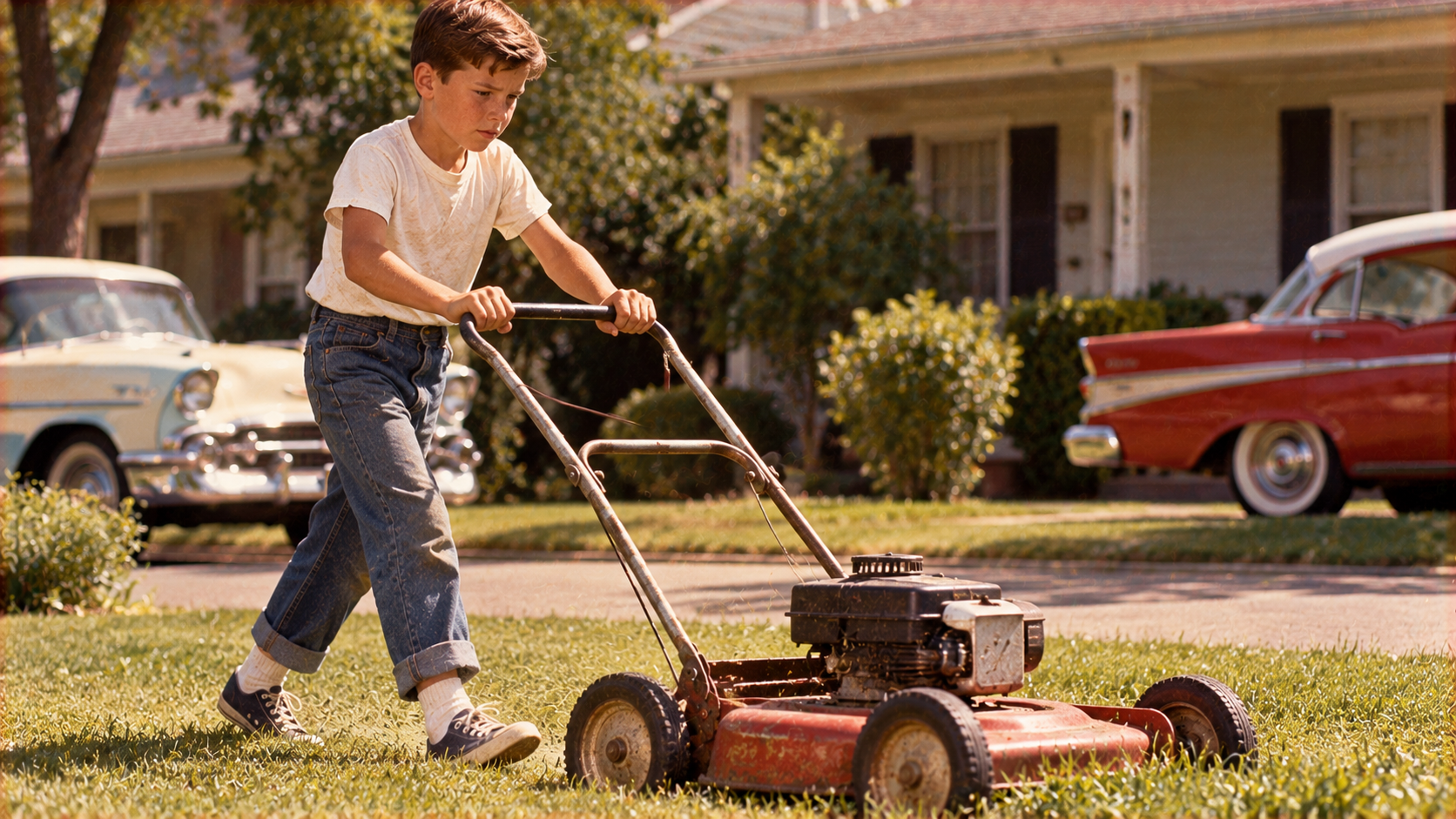 A young boy pushes a manual lawnmower across a suburban lawn.