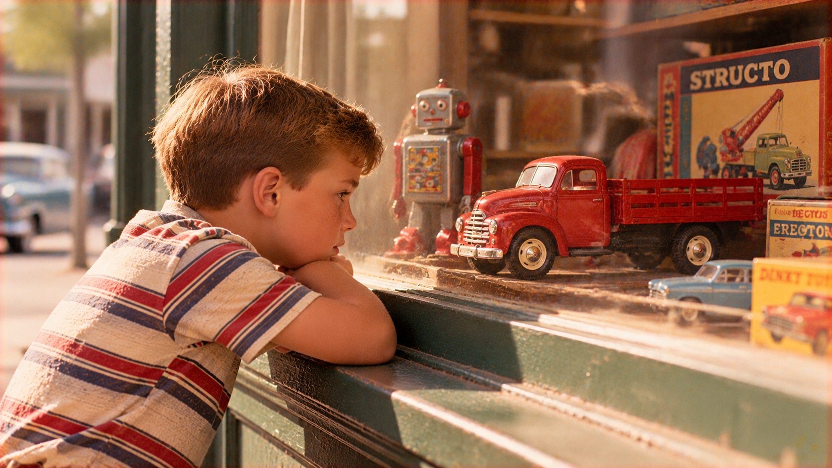 A young boy looking longingly through a store window at a toy robot and a red toy truck.