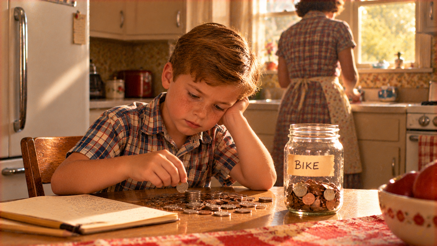 A young boy sits at a table counting a pile of coins next to a glass jar labeled “BIKE” that is partially filled with money, while a woman works in the kitchen in the background.
