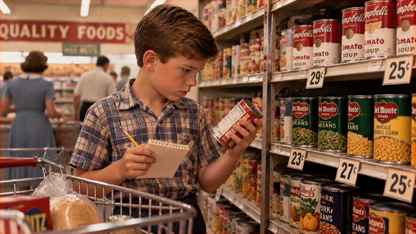A young boy in a plaid shirt holds a notepad and a pencil while examining a soup can in a grocery store aisle.