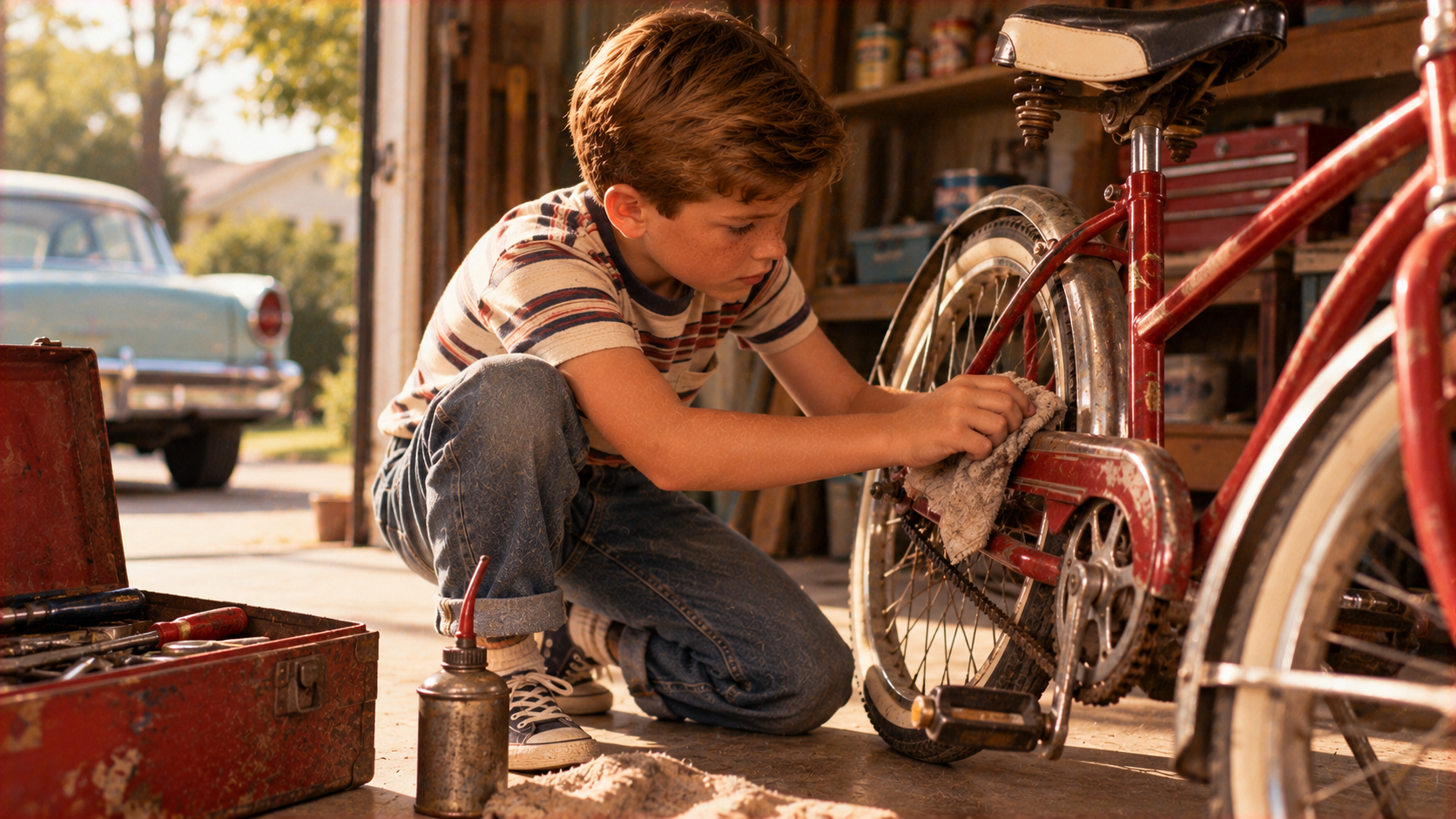 A young boy kneeling in a garage uses a rag to clean the chain of a red bicycle.
