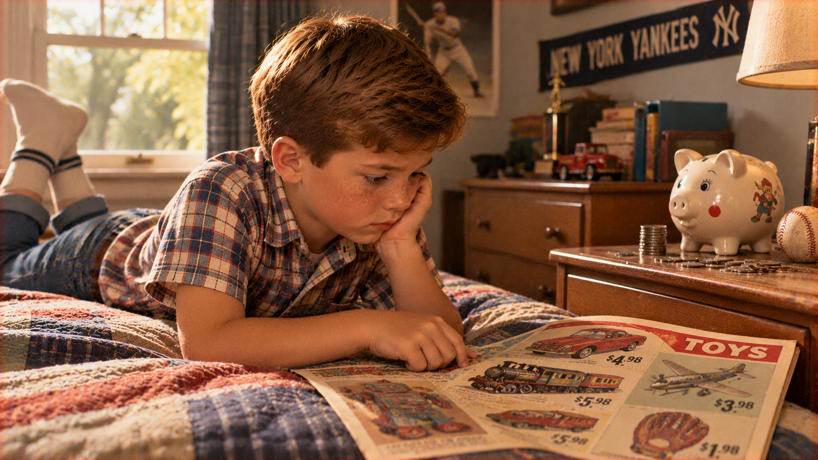A young boy lies on his bed reading a vintage toy catalog.