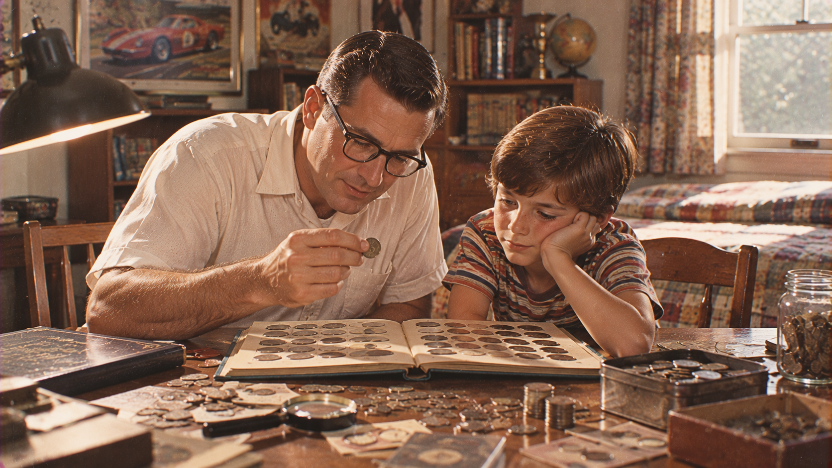 A man and a boy sit at a table examining coins, with a coin collection book open. The man holds a coin up, and the boy watches intently. The table is covered with coins and collecting tools.