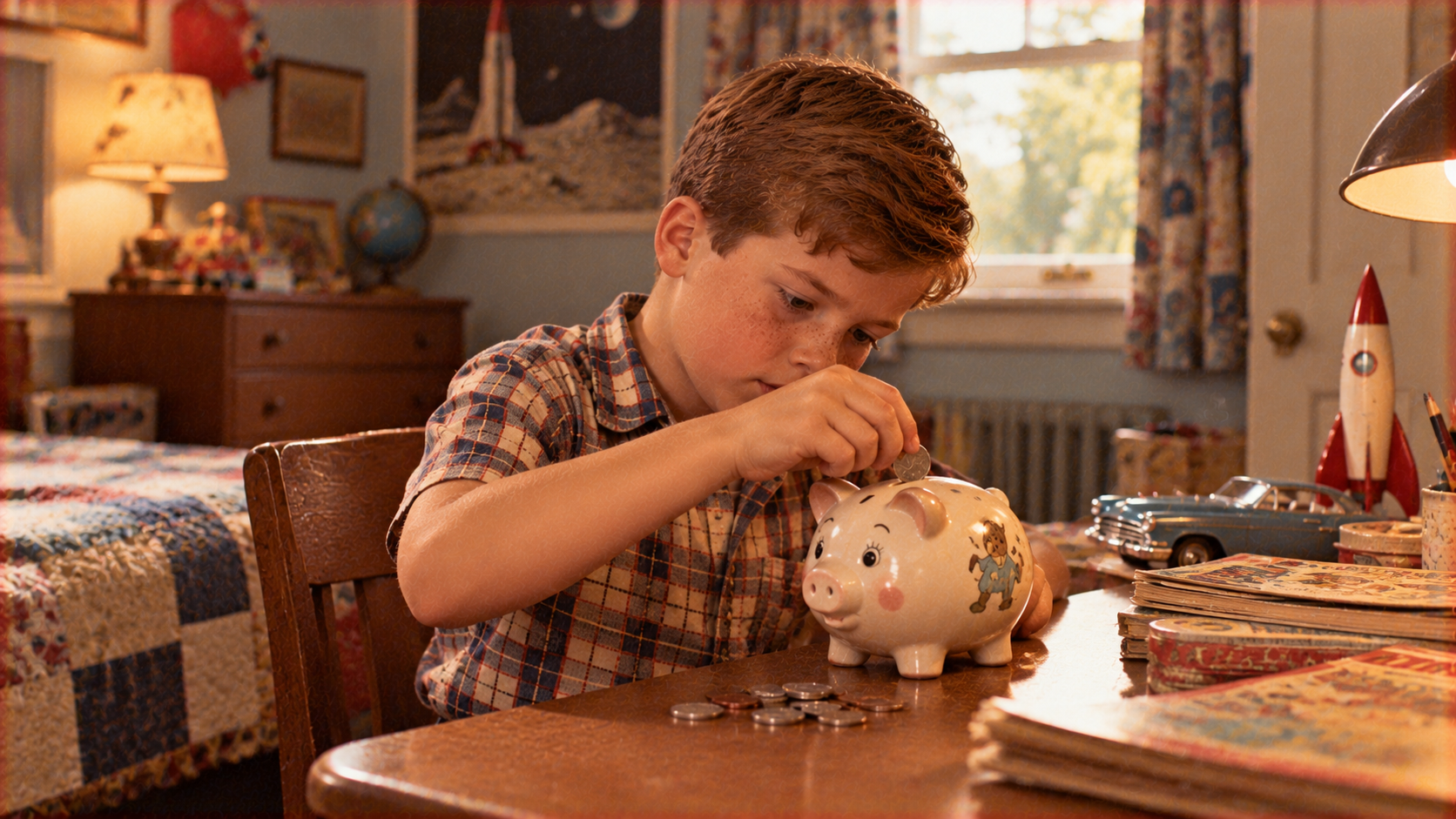 A young boy in a plaid shirt drops a coin into a ceramic pig-shaped piggy bank on a desk.