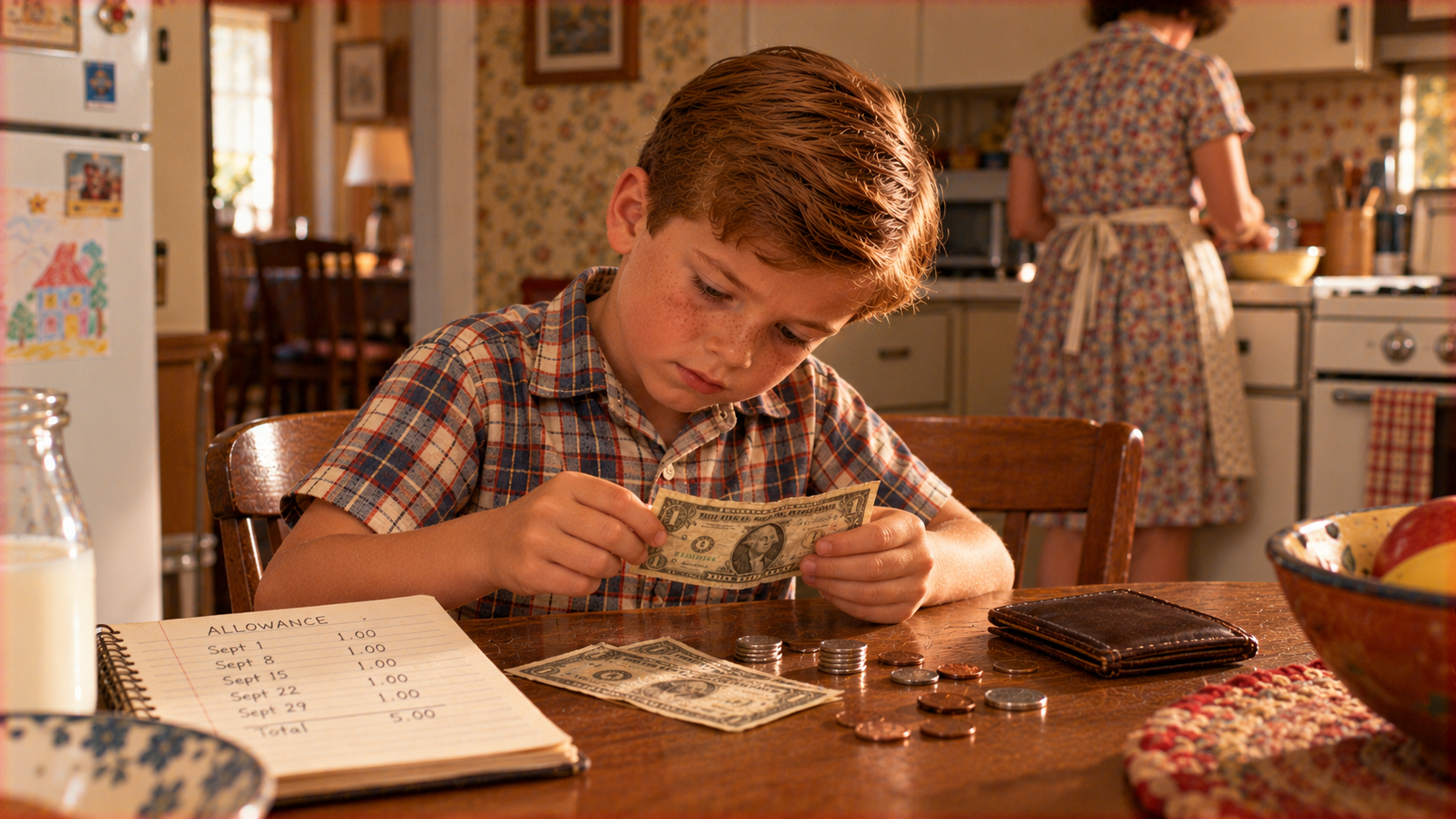 A young boy in a plaid shirt sits at a wooden table counting dollar bills and coins next to an allowance ledger.
